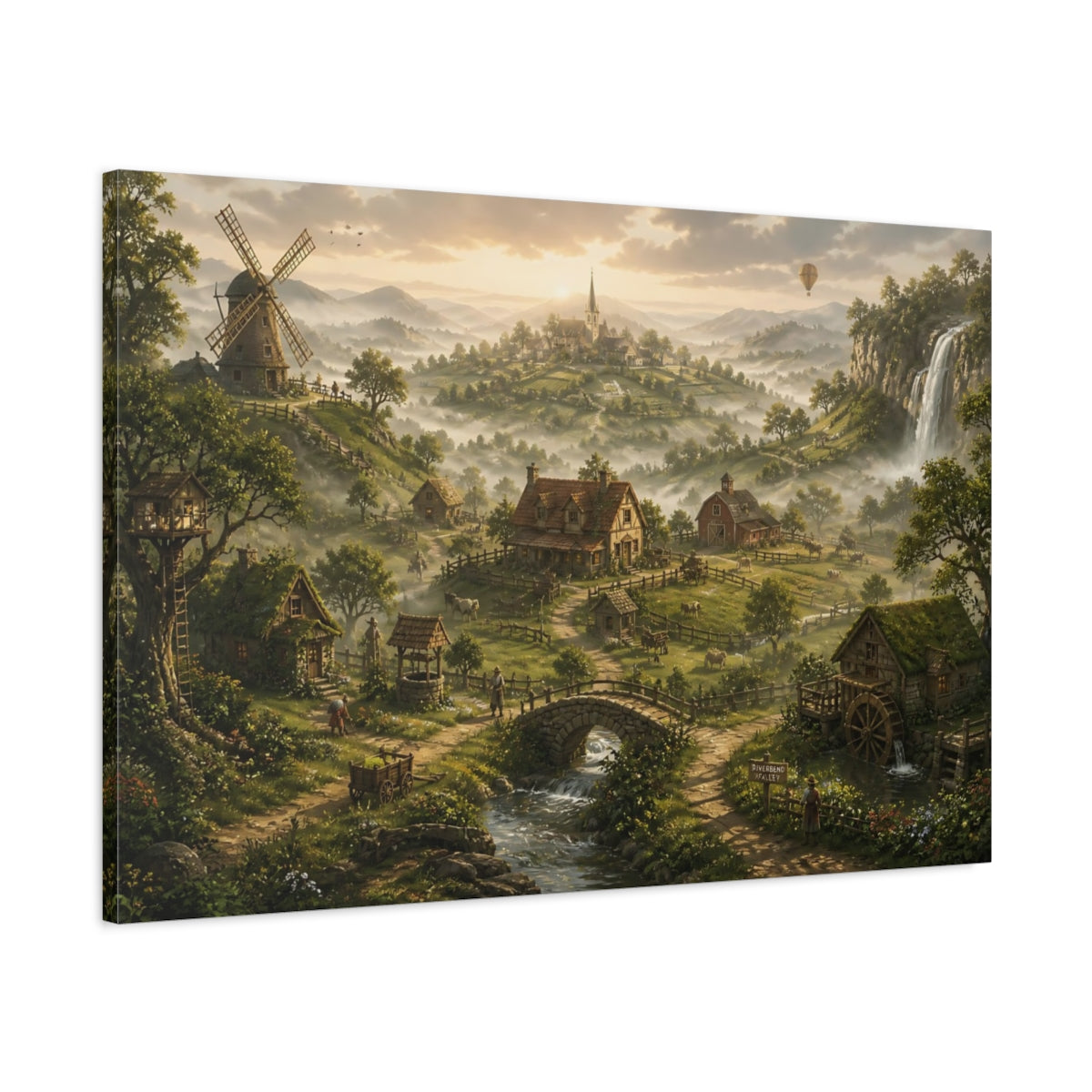 Main Mockup. Misty Village At Dawn shown as canvas print