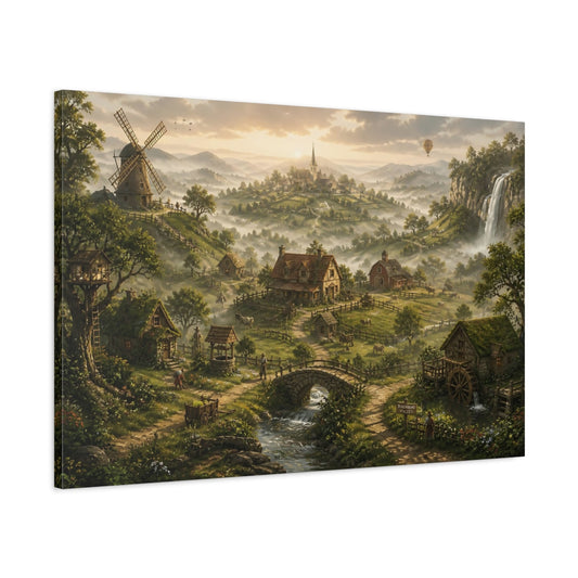 Main Mockup. Misty Village At Dawn shown as canvas print