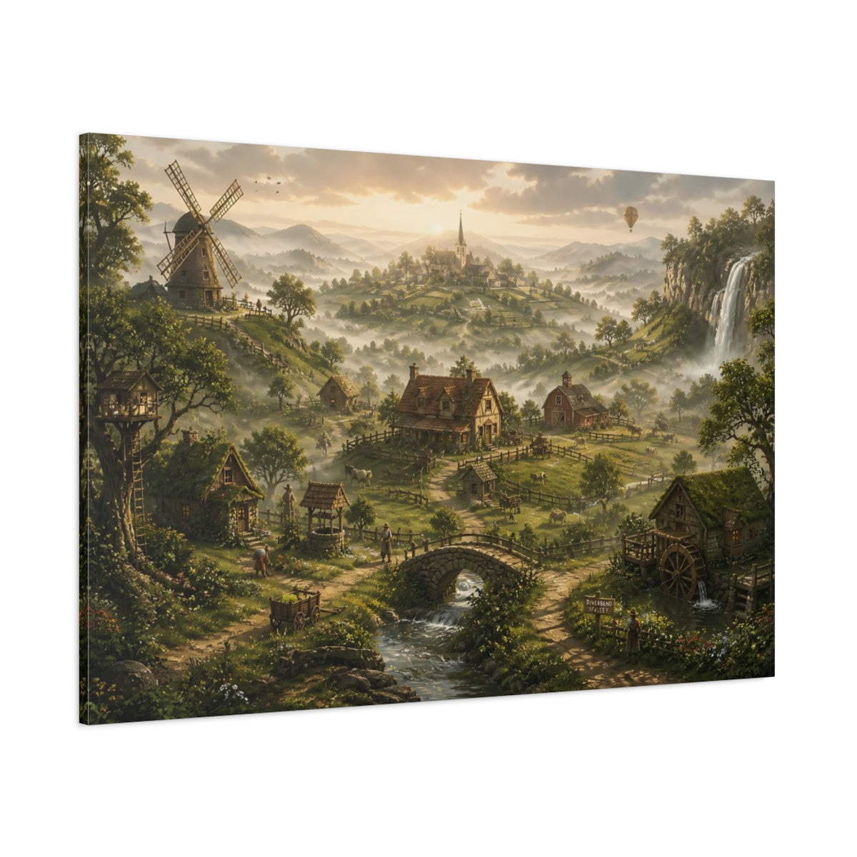 Side Mockup 1. Misty Village At Dawn shown as canvas print