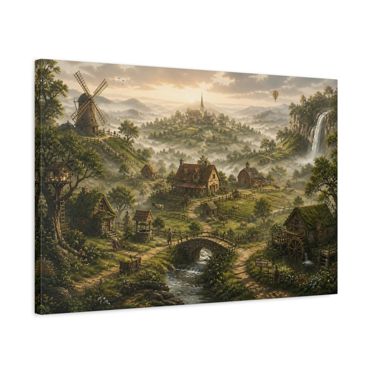 Side Mockup 2. Misty Village At Dawn shown as canvas print