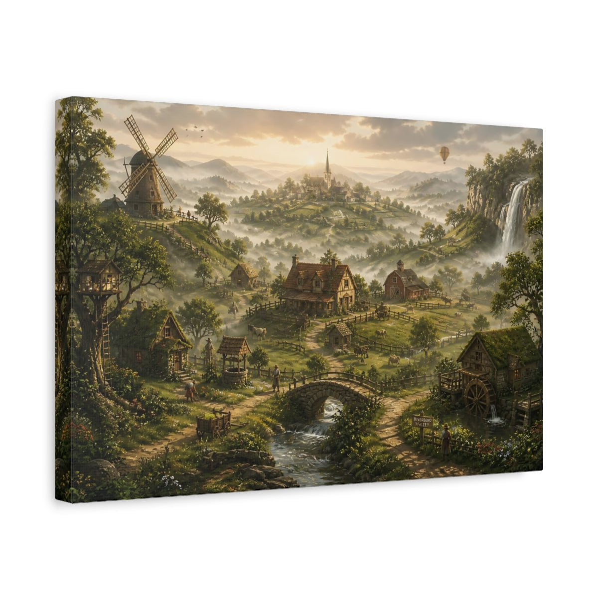 Side Mockup 4. Misty Village At Dawn shown as canvas print