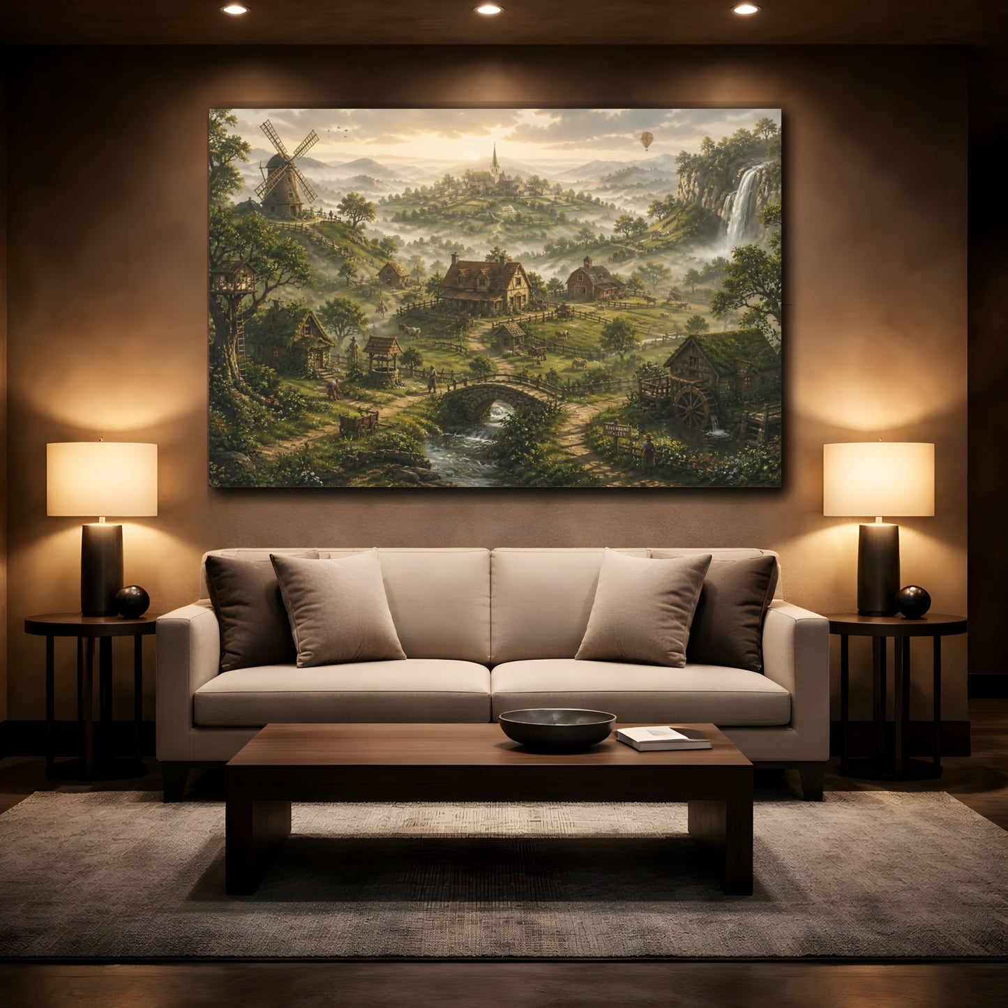 Mockup 2. Misty Village At Dawn shown as canvas print