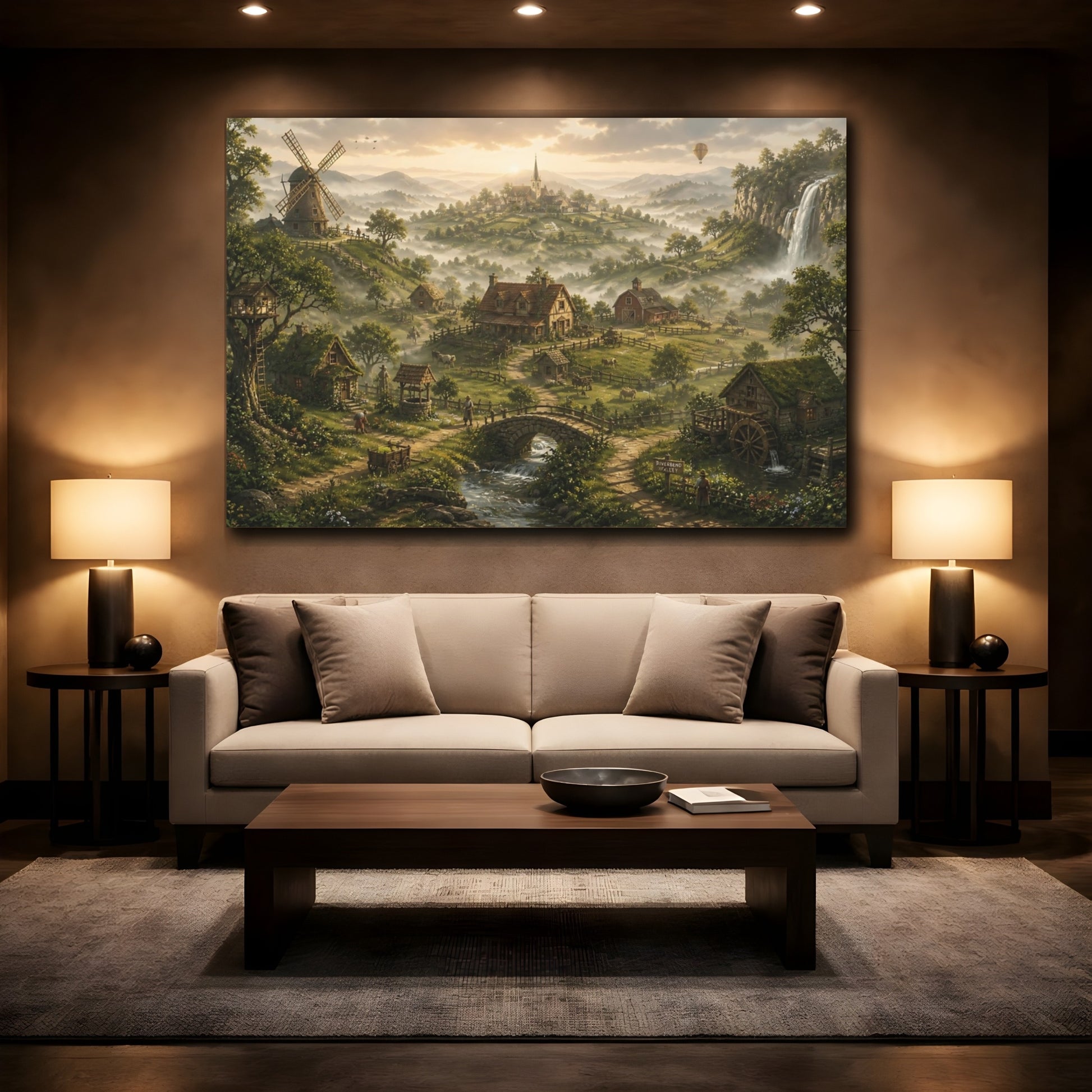 Mockup 2. Misty Village At Dawn shown as canvas print