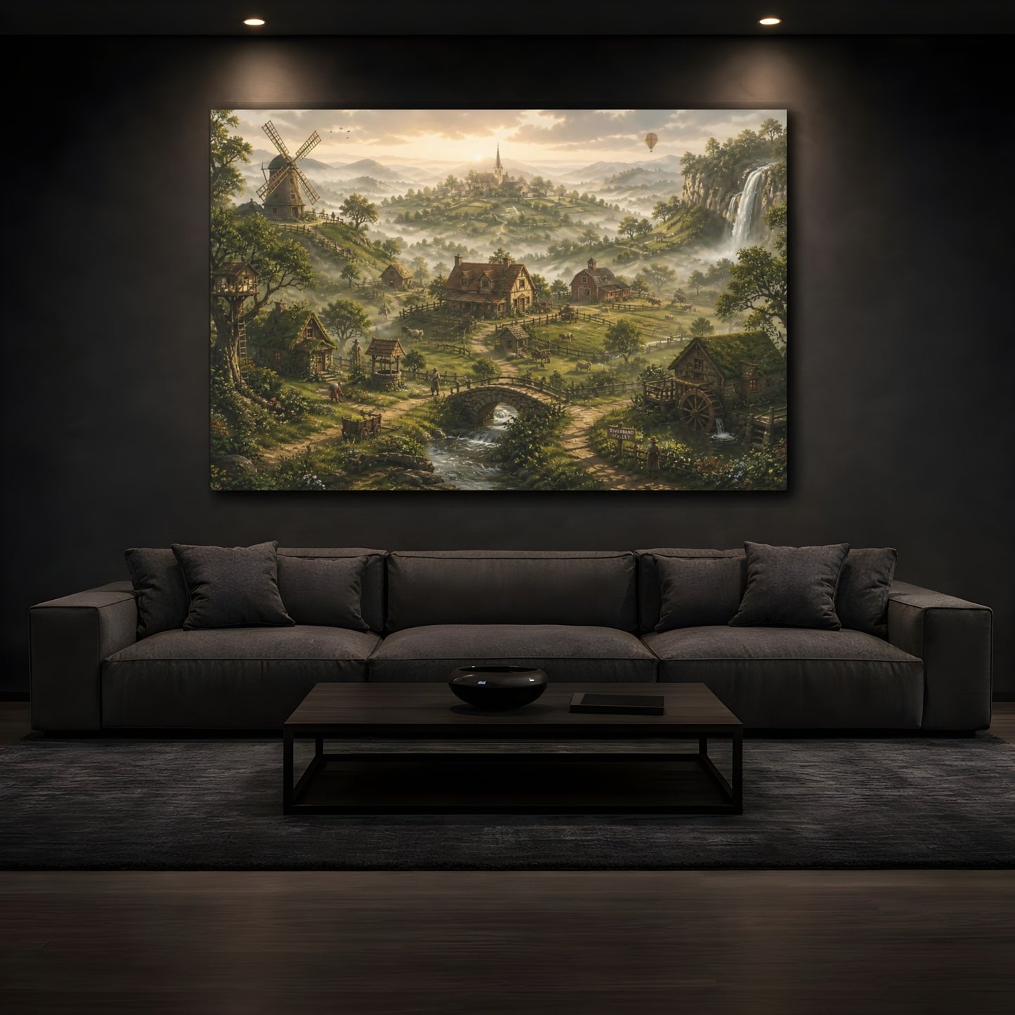 Mockup 3. Misty Village At Dawn shown as canvas print
