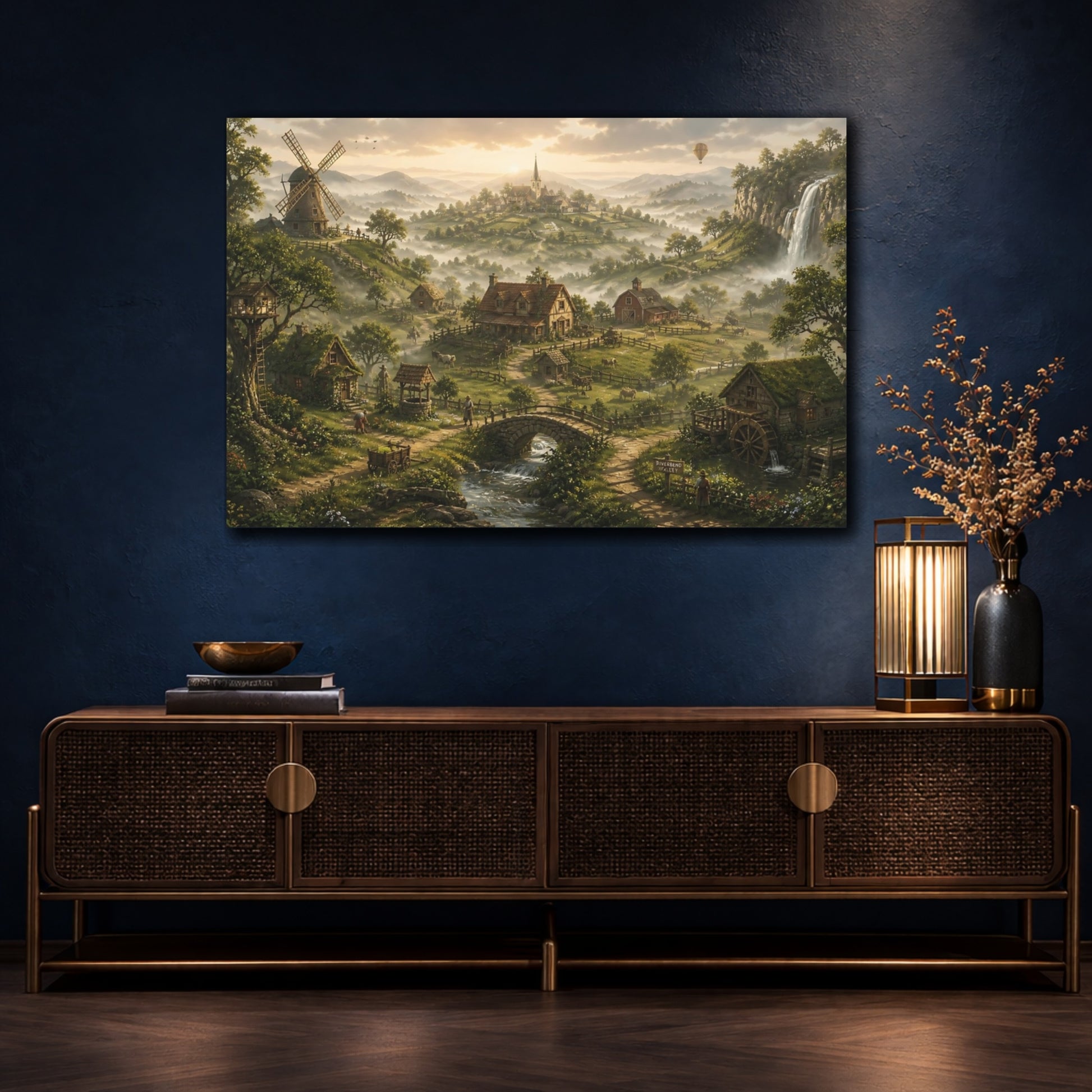 Mockup 4. Misty Village At Dawn shown as canvas print