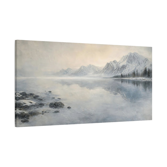 Main Mockup. Misty Winter Mountain Lake shown as canvas print