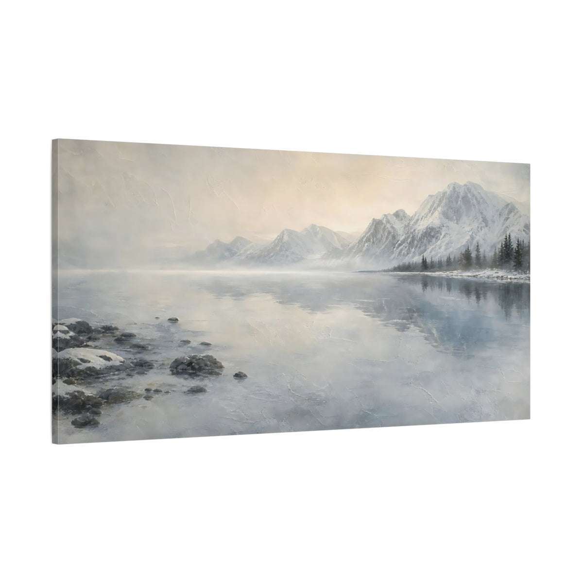 Side Mockup 2. Misty Winter Mountain Lake shown as canvas print
