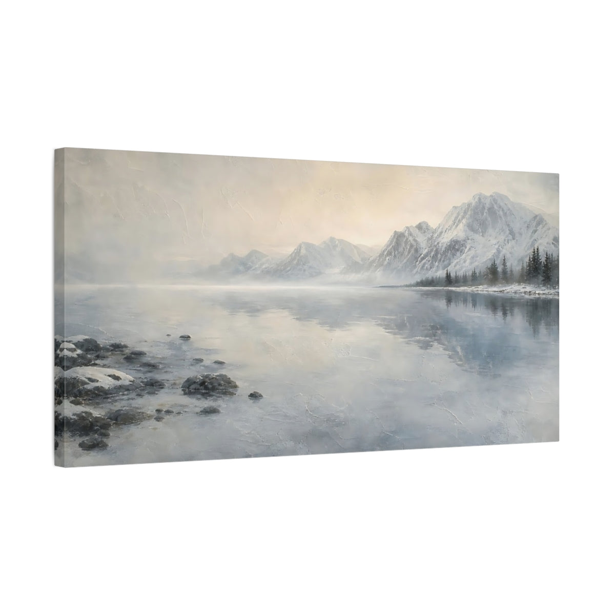 Side Mockup 1. Misty Winter Mountain Lake shown as canvas print