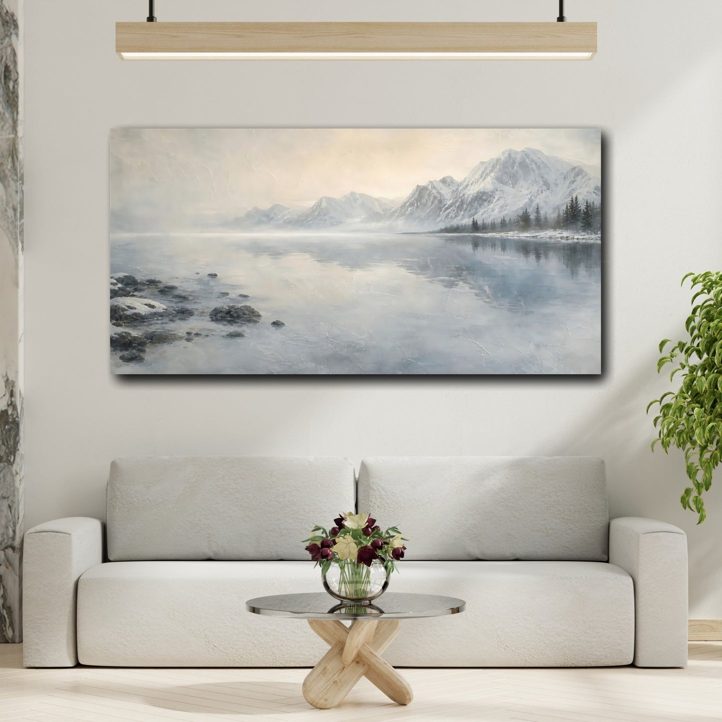 Mockup 2. Misty Winter Mountain Lake shown as canvas print