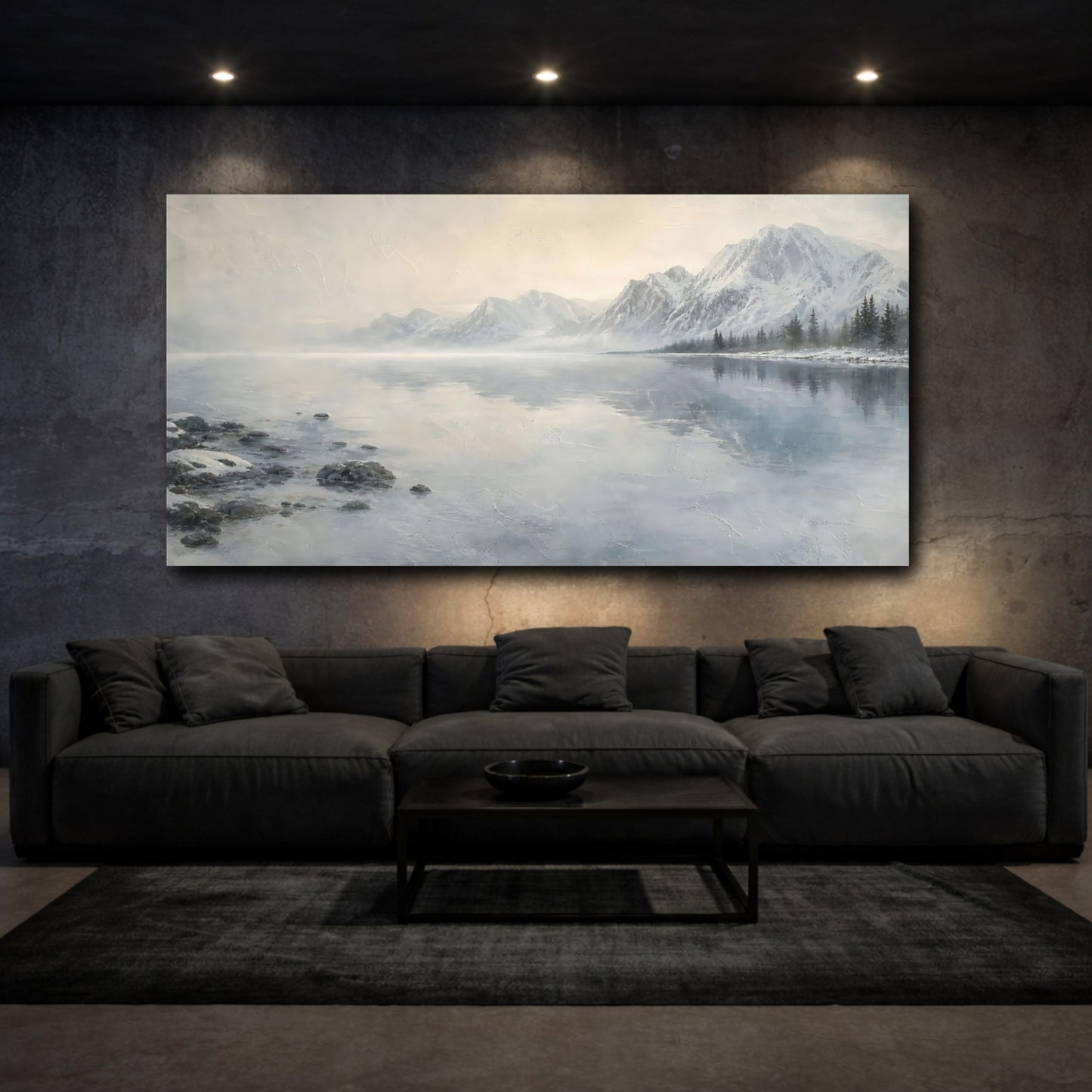 Mockup 3. Misty Winter Mountain Lake shown as canvas print