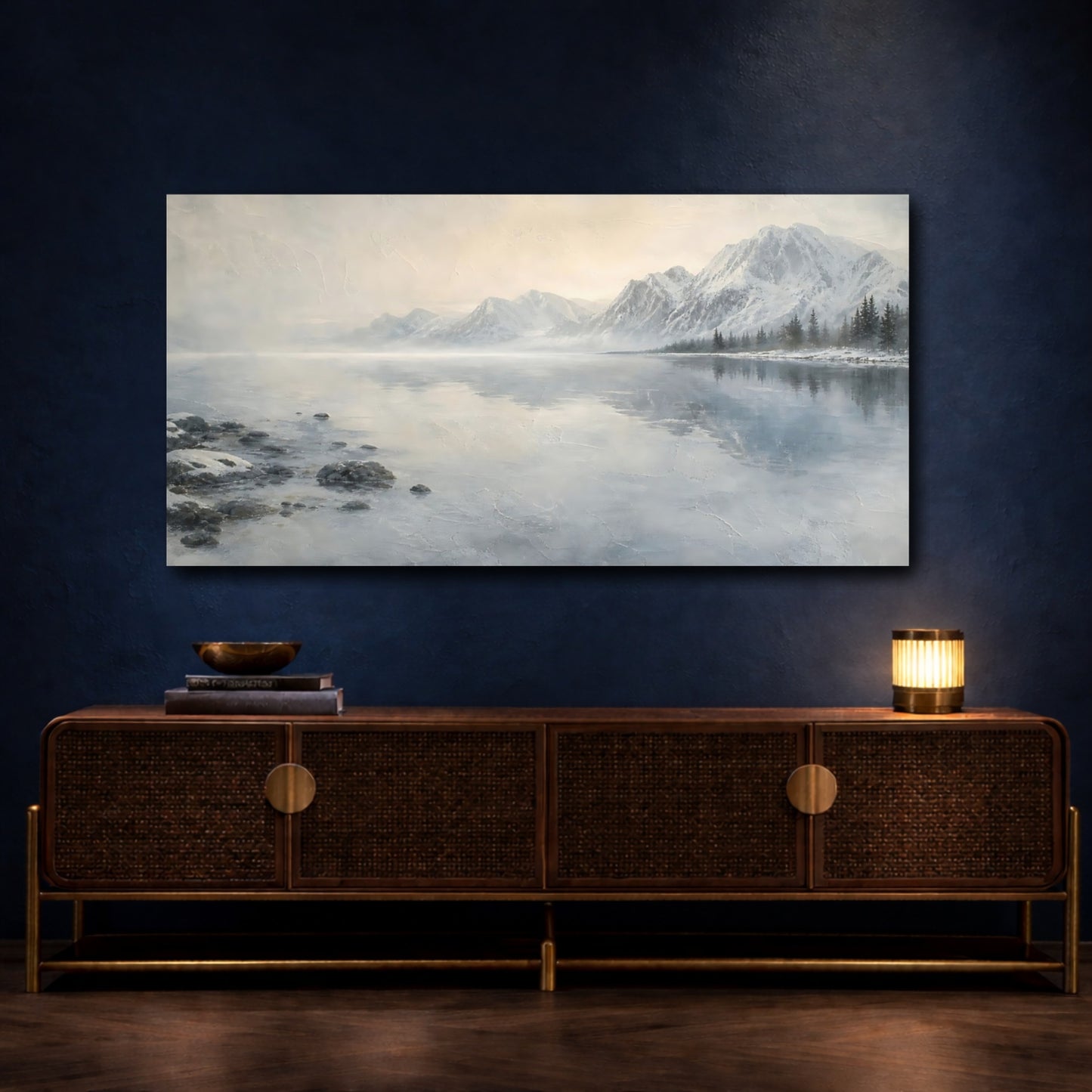 Mockup 4. Misty Winter Mountain Lake shown as canvas print