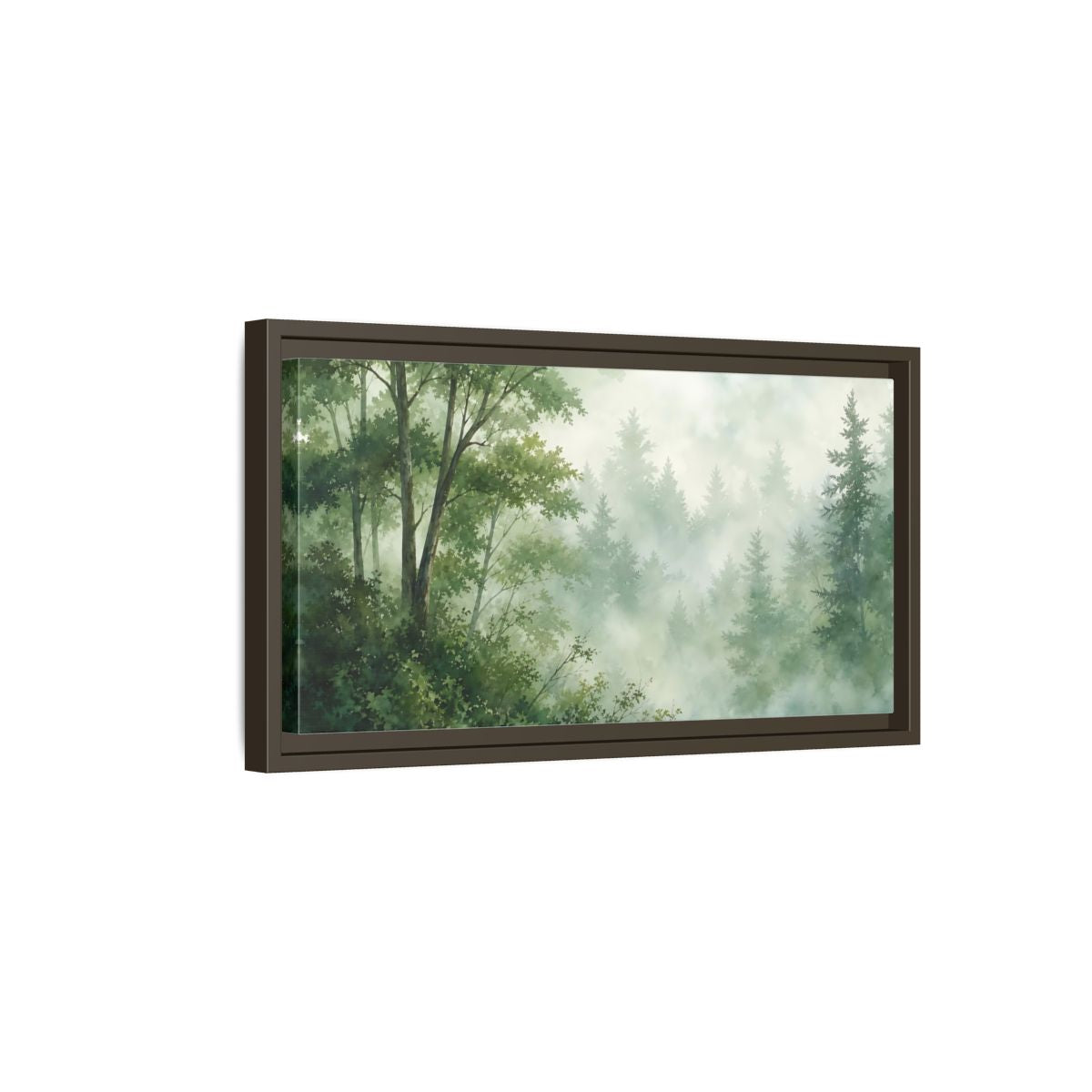 Side Mockup 7. Misty Woodland Lake shown as framed canvas print