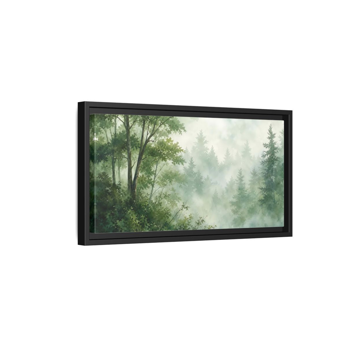 Side Mockup 8. Misty Woodland Lake shown as framed canvas print