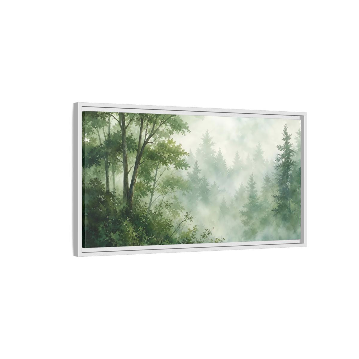Side Mockup 1. Misty Woodland Lake shown as framed canvas print