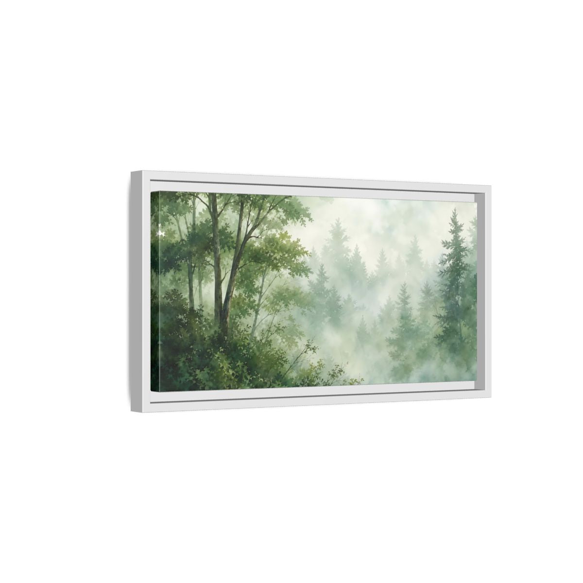 Side Mockup 6. Misty Woodland Lake shown as framed canvas print