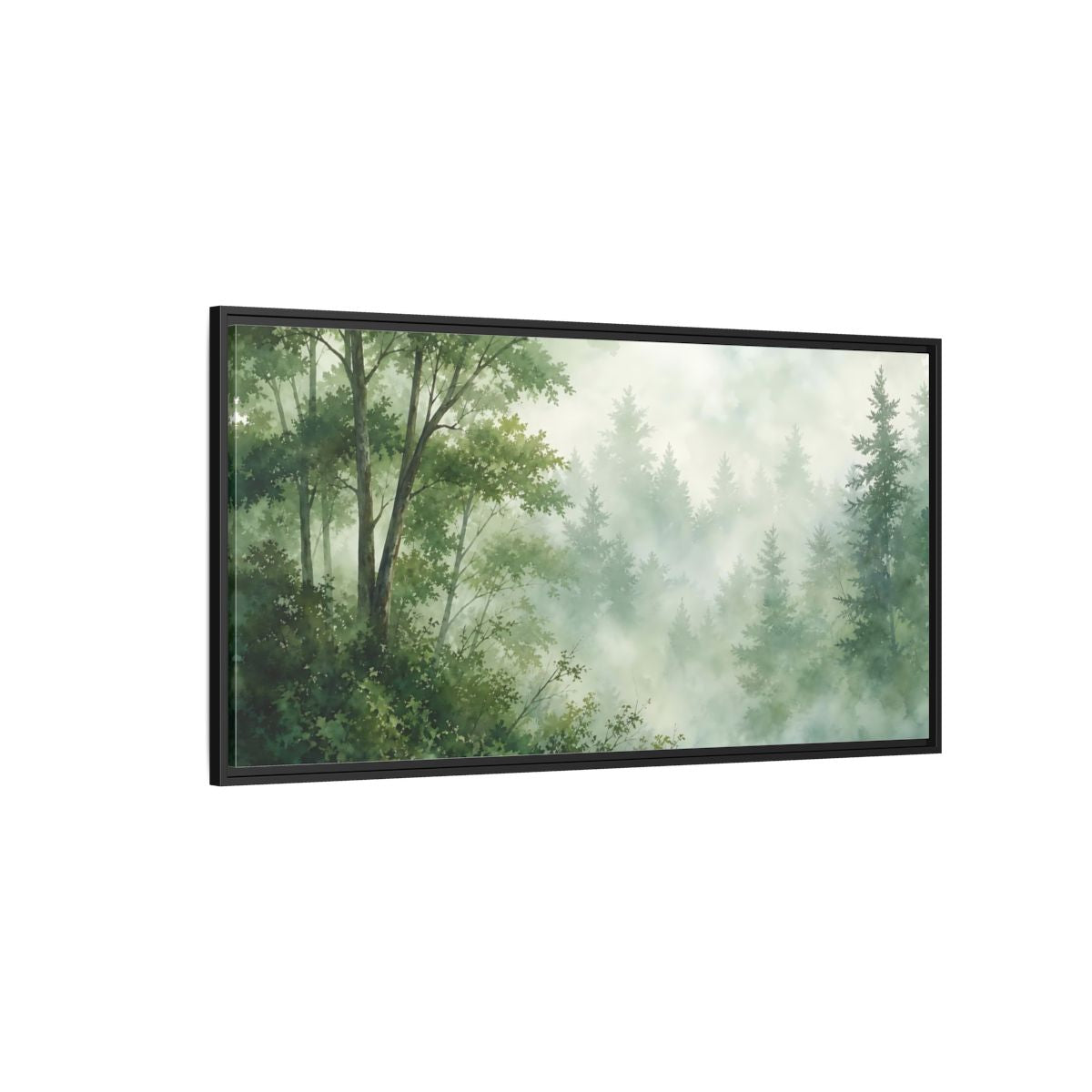 Side Mockup 5. Misty Woodland Lake shown as framed canvas print