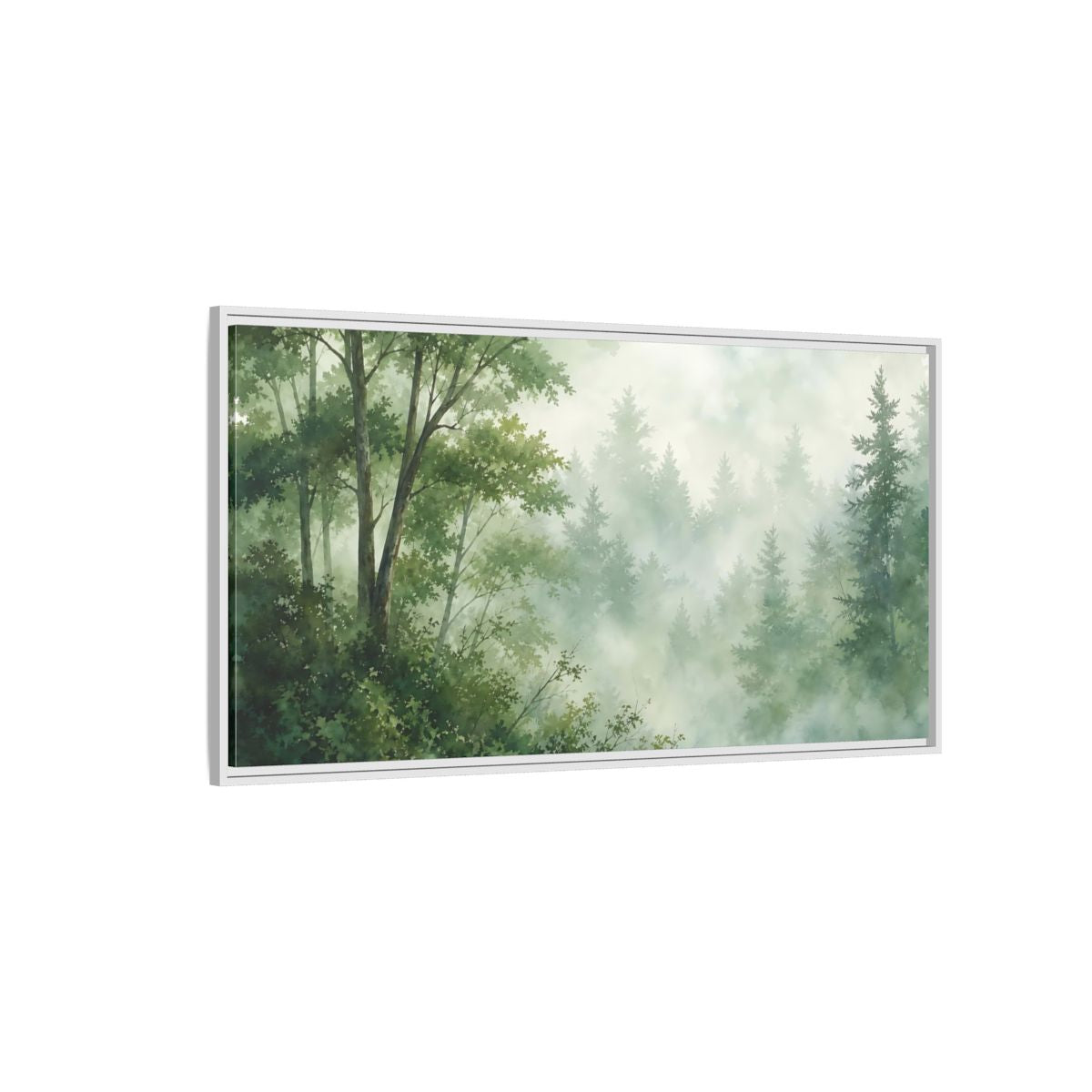 Side Mockup 3. Misty Woodland Lake shown as framed canvas print