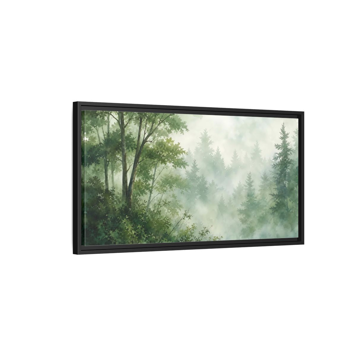 Side Mockup 2. Misty Woodland Lake shown as framed canvas print