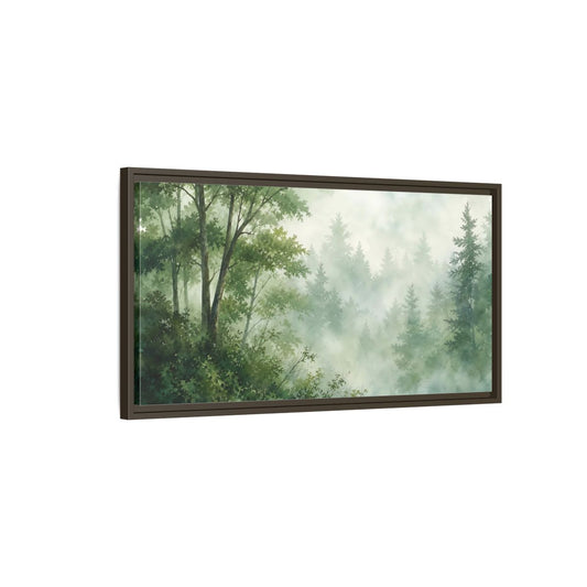 Main Mockup. Misty Woodland Lake shown as framed canvas print