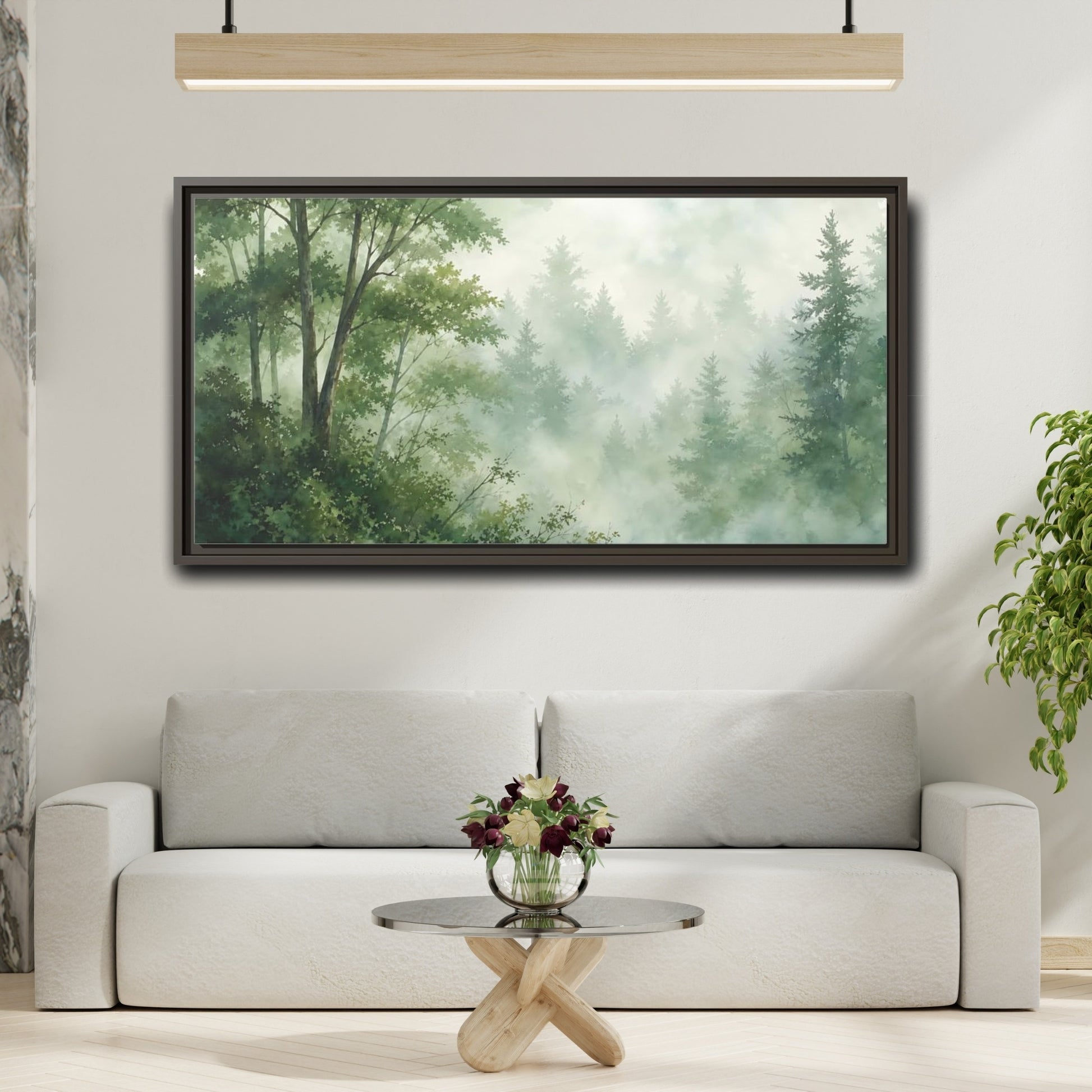 Mockup 2. Misty Woodland Lake shown as framed canvas print