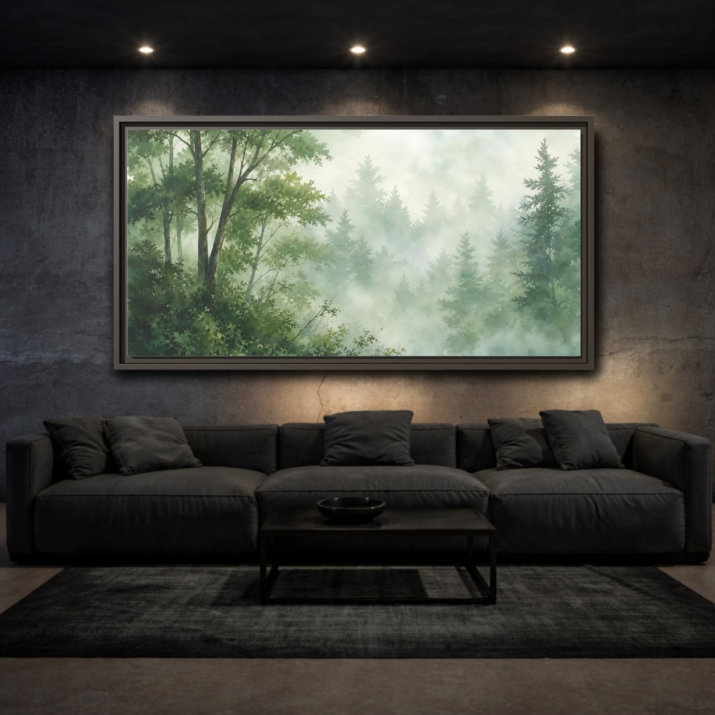 Mockup 3. Misty Woodland Lake shown as framed canvas print