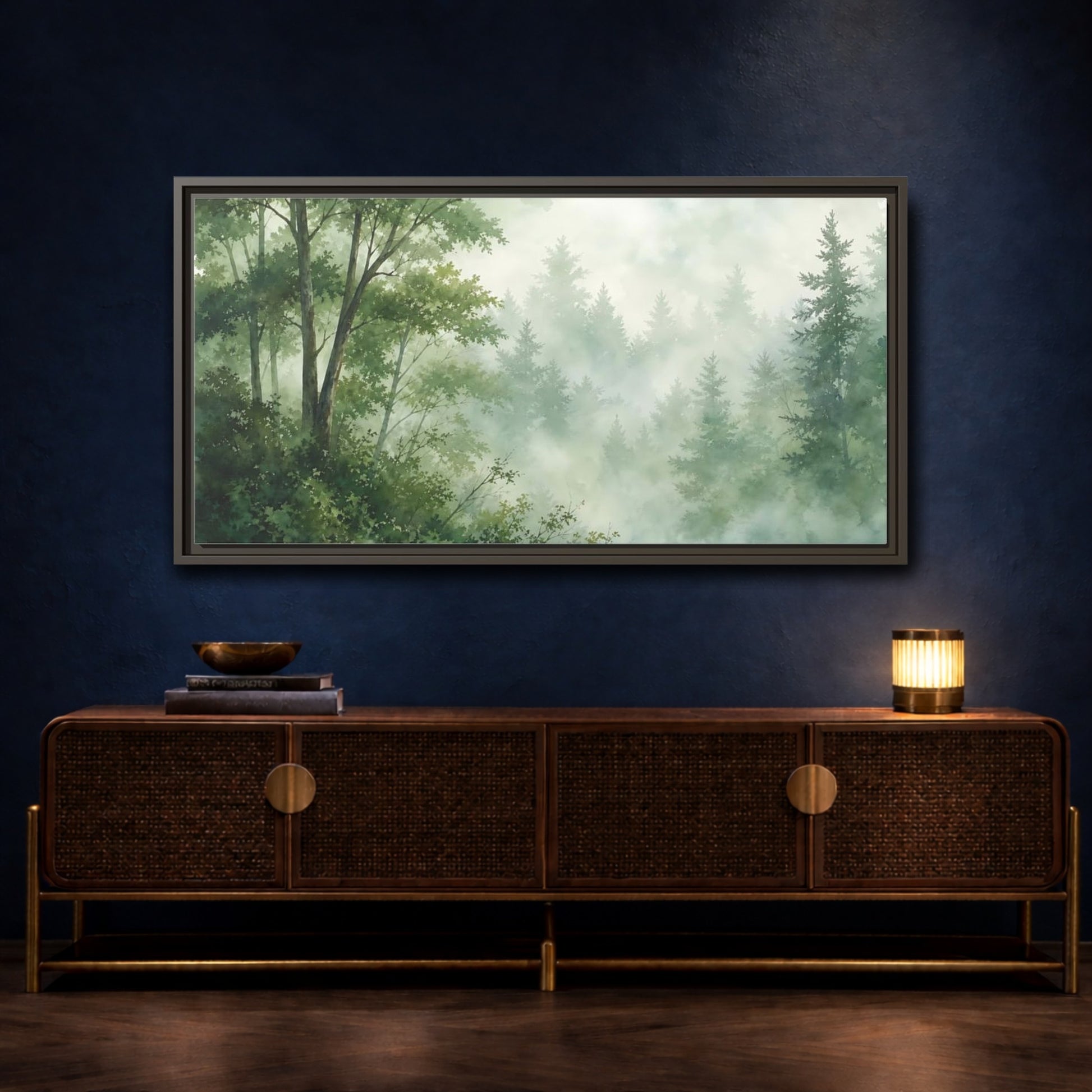 Mockup 4. Misty Woodland Lake shown as framed canvas print