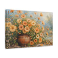 Side Mockup 4. Modern Acrylic Painting Apricot Daisies In Clay Pot During Spring Mist shown as stretched canvas wall art
