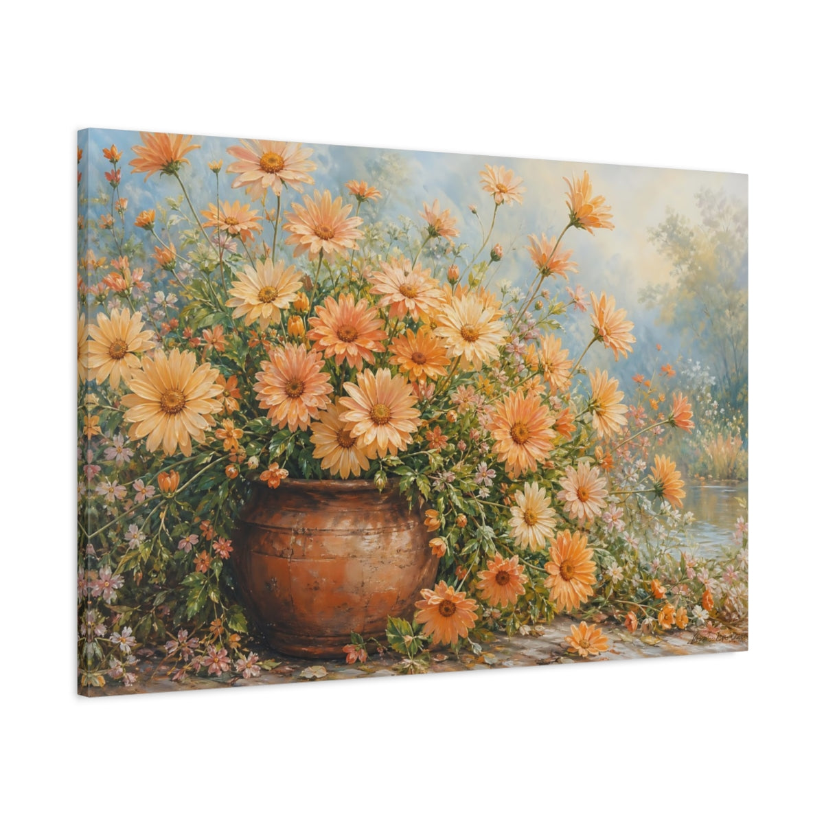Main Mockup. Modern Acrylic Painting Apricot Daisies In Clay Pot During Spring Mist shown as stretched canvas wall art