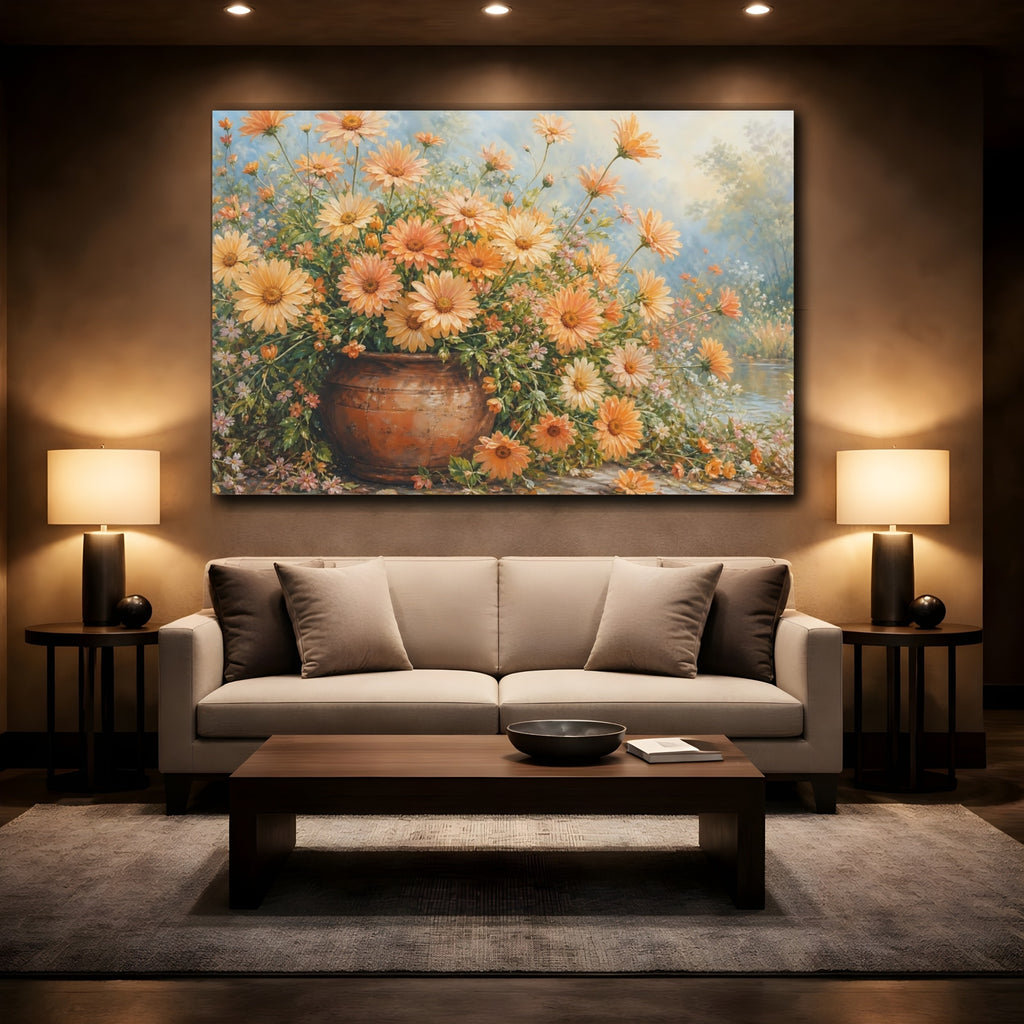 Mockup 2. Modern Acrylic Painting Apricot Daisies In Clay Pot During Spring Mist shown as stretched canvas wall art