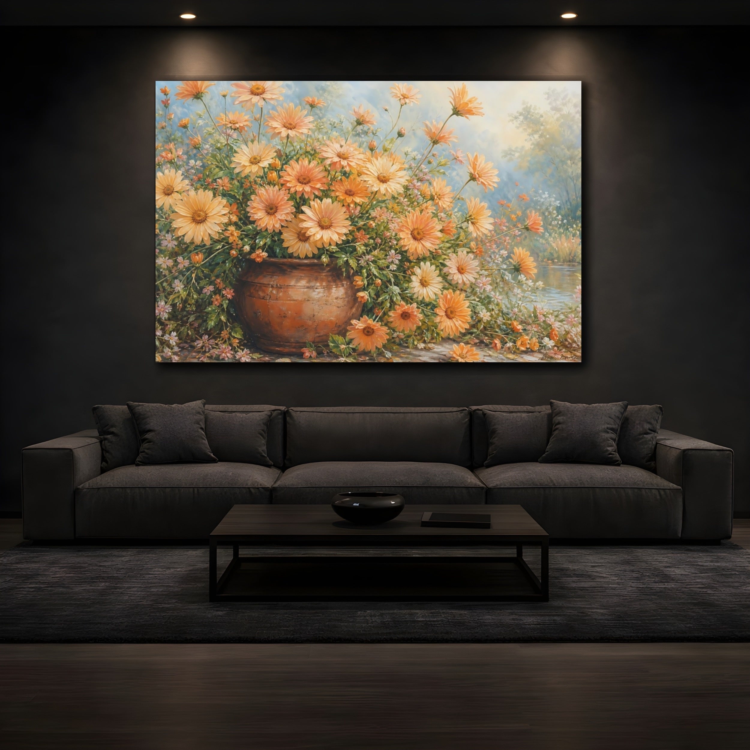 Mockup 3. Modern Acrylic Painting Apricot Daisies In Clay Pot During Spring Mist shown as stretched canvas wall art