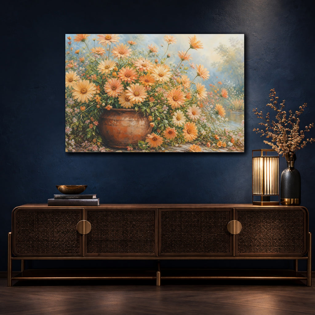 Mockup 4. Modern Acrylic Painting Apricot Daisies In Clay Pot During Spring Mist shown as stretched canvas wall art