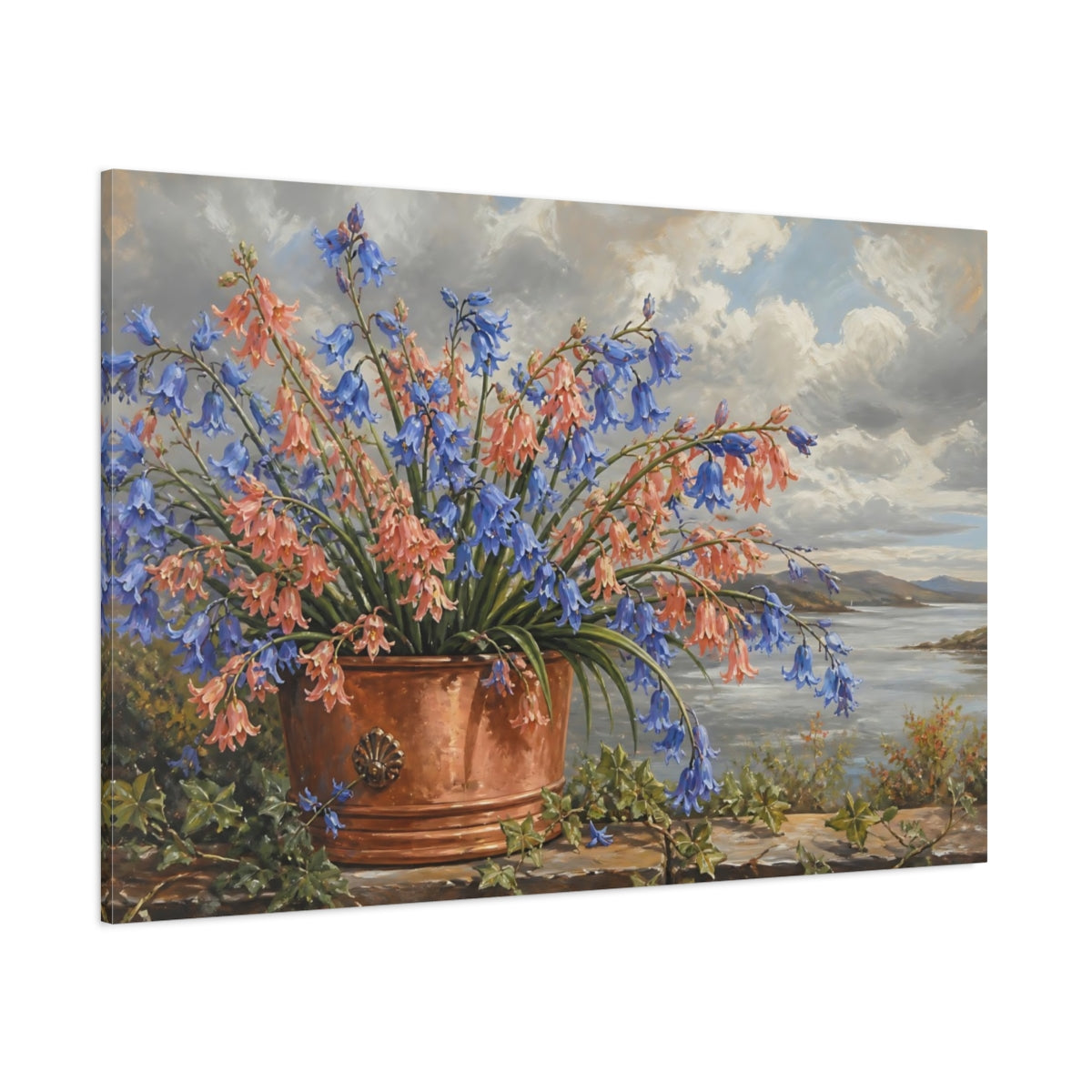 Side Mockup 1. Modern Acrylic Painting Coral Bluebells In Copper Pot Beneath Overcast Sky shown as stretched canvas wall art