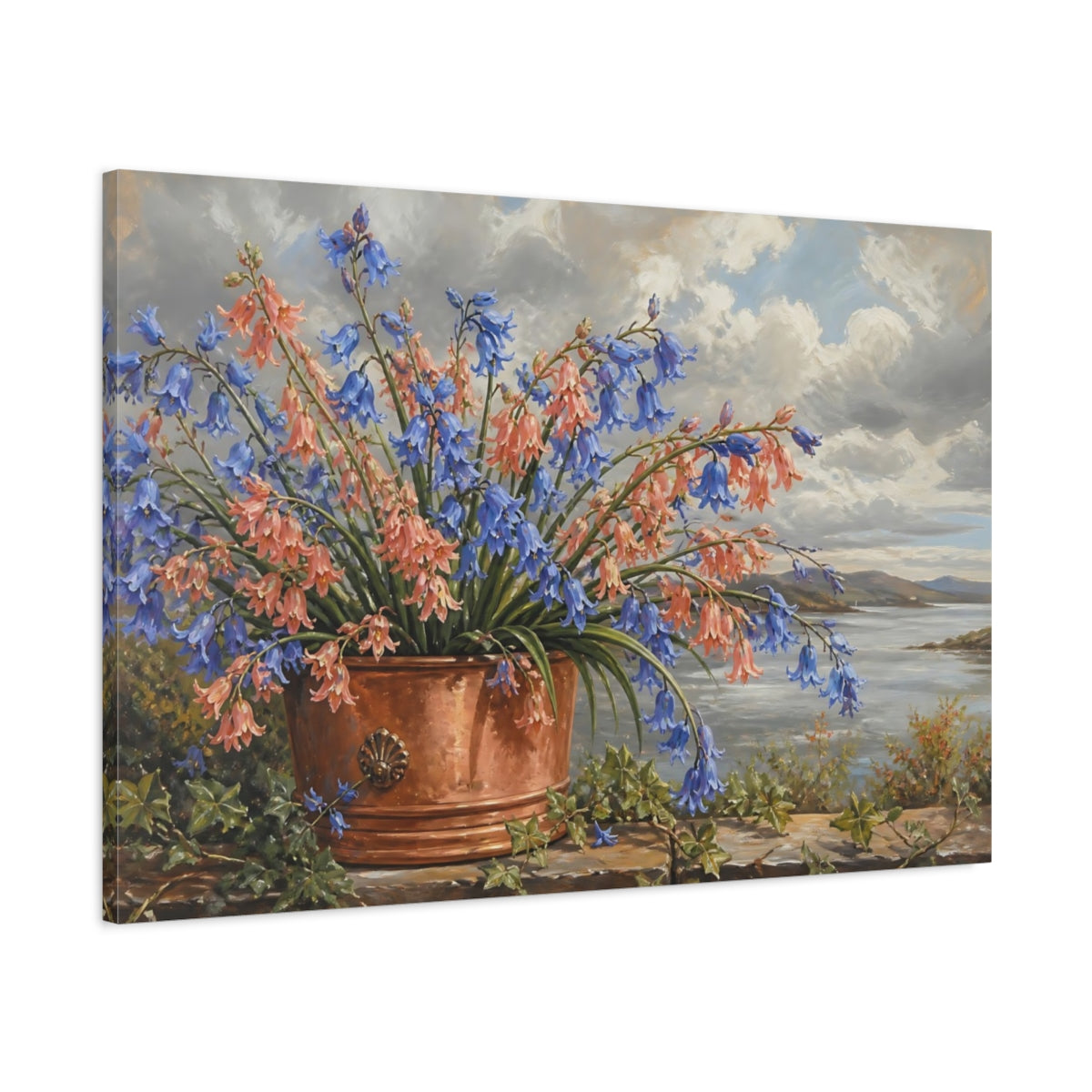 Main Mockup. Modern Acrylic Painting Coral Bluebells In Copper Pot Beneath Overcast Sky shown as stretched canvas wall art
