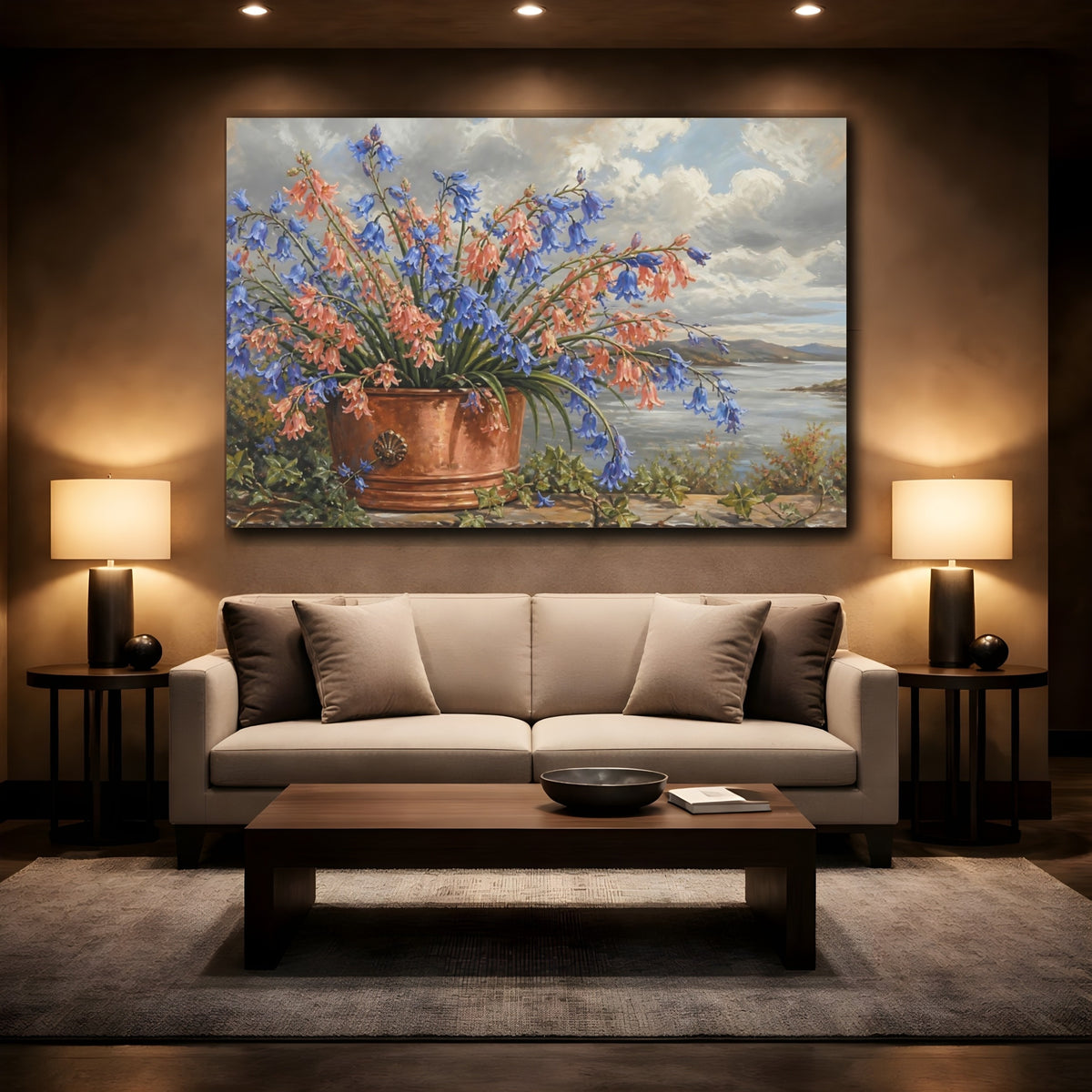 Mockup 2. Modern Acrylic Painting Coral Bluebells In Copper Pot Beneath Overcast Sky shown as stretched canvas wall art
