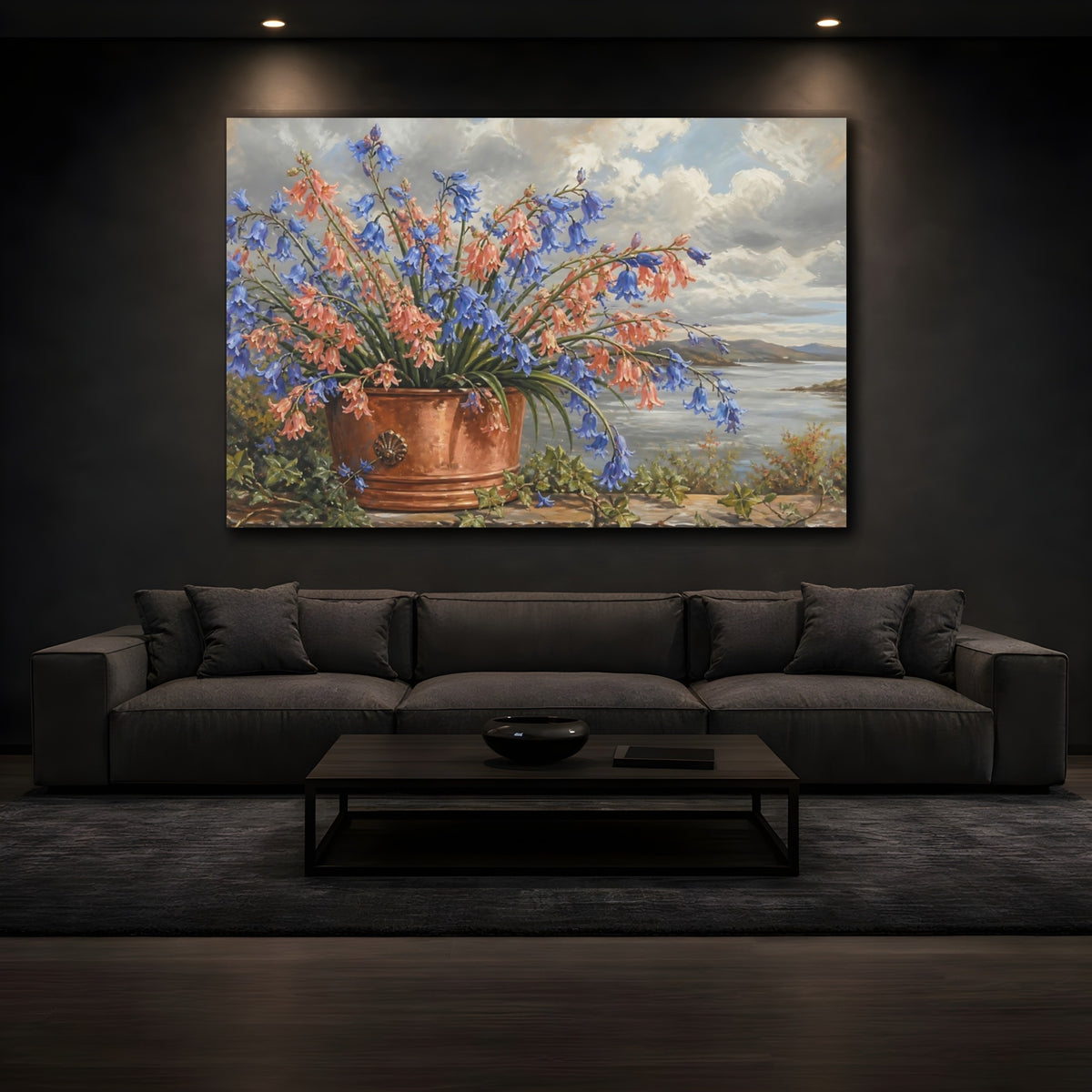 Mockup 3. Modern Acrylic Painting Coral Bluebells In Copper Pot Beneath Overcast Sky shown as stretched canvas wall art