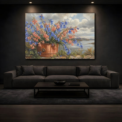 Mockup 3. Modern Acrylic Painting Coral Bluebells In Copper Pot Beneath Overcast Sky shown as stretched canvas wall art