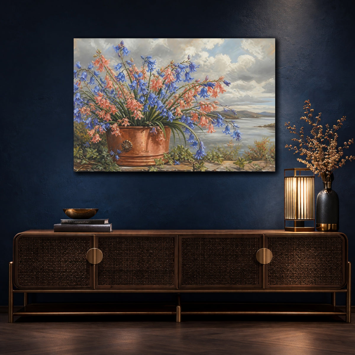 Mockup 4. Modern Acrylic Painting Coral Bluebells In Copper Pot Beneath Overcast Sky shown as stretched canvas wall art