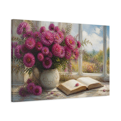 Side Mockup 2. Modern Acrylic Painting Magenta Asters Beside Open Book On Window Ledge shown as stretched canvas wall art