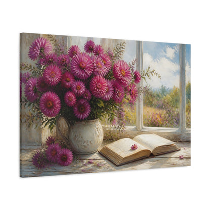 Main Mockup. Modern Acrylic Painting Magenta Asters Beside Open Book On Window Ledge shown as stretched canvas wall art