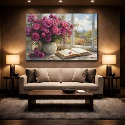 Mockup 2. Modern Acrylic Painting Magenta Asters Beside Open Book On Window Ledge shown as stretched canvas wall art