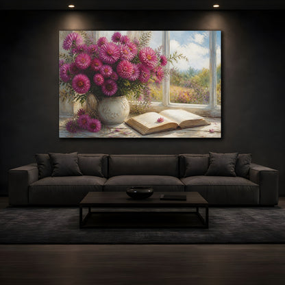 Mockup 3. Modern Acrylic Painting Magenta Asters Beside Open Book On Window Ledge shown as stretched canvas wall art