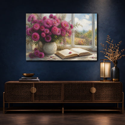 Mockup 4. Modern Acrylic Painting Magenta Asters Beside Open Book On Window Ledge shown as stretched canvas wall art