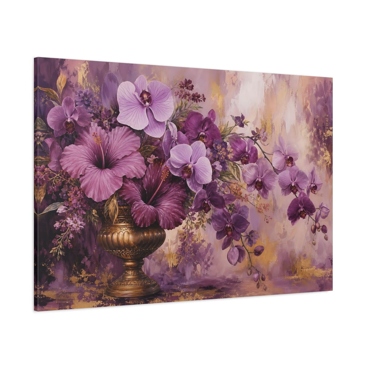 Side Mockup 1. Modern Acrylic Painting Mauve And Plum Orchids Hibiscus In Brass Urn shown as stretched canvas wall art
