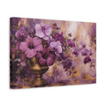 Side Mockup 4. Modern Acrylic Painting Mauve And Plum Orchids Hibiscus In Brass Urn shown as stretched canvas wall art