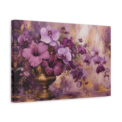 Side Mockup 4. Modern Acrylic Painting Mauve And Plum Orchids Hibiscus In Brass Urn shown as stretched canvas wall art