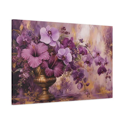Main Mockup. Modern Acrylic Painting Mauve And Plum Orchids Hibiscus In Brass Urn shown as stretched canvas wall art