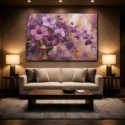 Mockup 2. Modern Acrylic Painting Mauve And Plum Orchids Hibiscus In Brass Urn shown as stretched canvas wall art