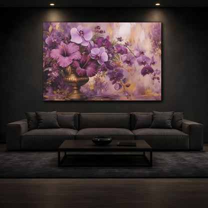Mockup 3. Modern Acrylic Painting Mauve And Plum Orchids Hibiscus In Brass Urn shown as stretched canvas wall art