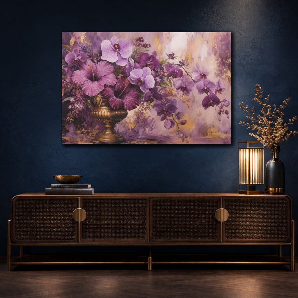 Mockup 4. Modern Acrylic Painting Mauve And Plum Orchids Hibiscus In Brass Urn shown as stretched canvas wall art