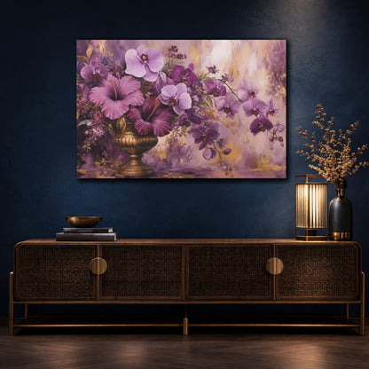 Mockup 4. Modern Acrylic Painting Mauve And Plum Orchids Hibiscus In Brass Urn shown as stretched canvas wall art